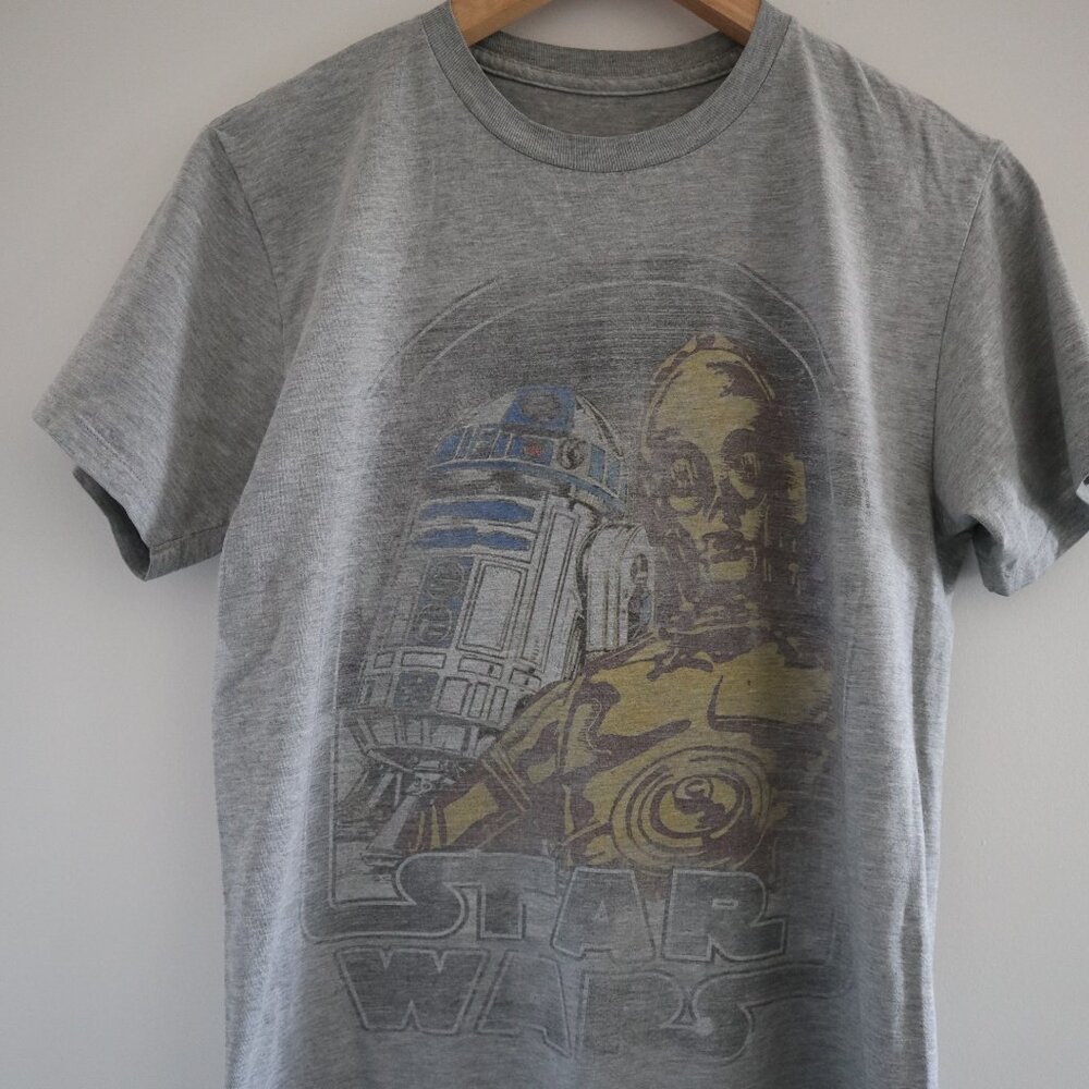 Star Wars vintage-style T-shirt, grey, S - sci-fi droids R2D2 C3P0